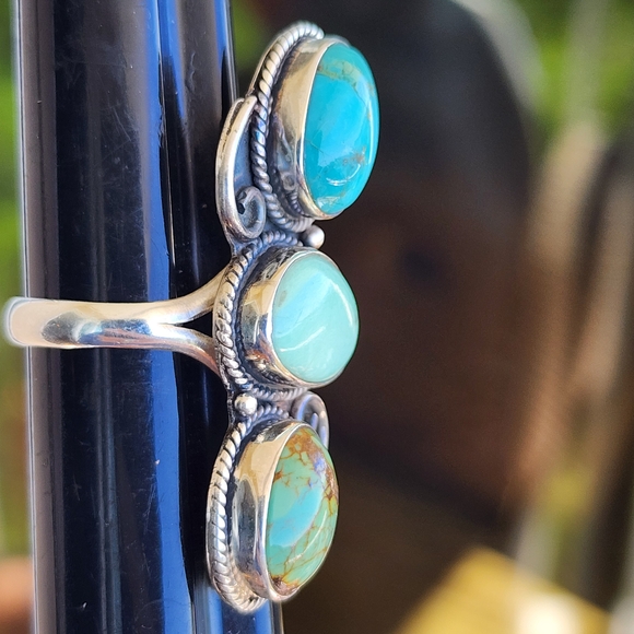 Triple Stone Sterling Silver Native American Turquoise Long Ring Sz 9.5 - Picture 5 of 6